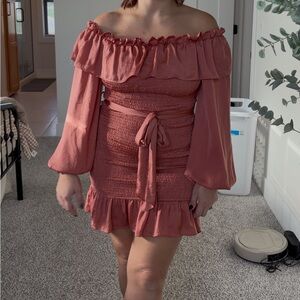 Elegant Off-Shoulder Ruffle Dress in Terracotta